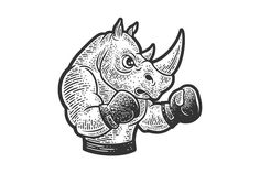 a rhino boxing with a punching glove in it's right hand, vintage line drawing or engraving style