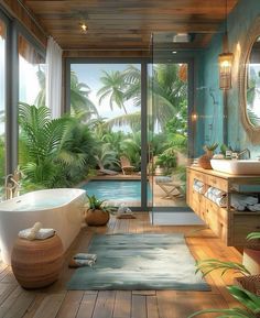 a bathroom with a tub, sink and large window overlooking the pool is shown in this artist's rendering