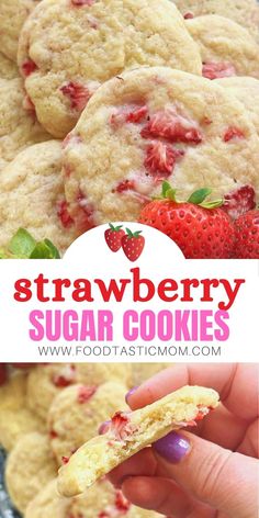 strawberry sugar cookies are stacked on top of each other with the words, strawberry sugar cookies