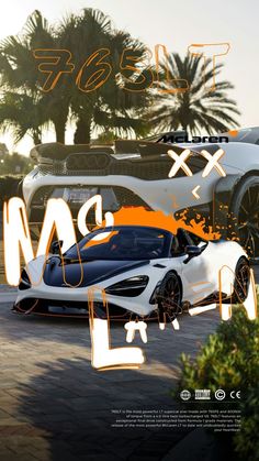 a white sports car parked in front of a palm tree with orange letters on it