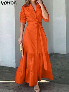 VONDA 2024 Women Ruffled Shirt Dress Elegant Long Sleeve Sundress Autumn Buttons Solid Color Casual Long Sleeve Sundress, Ruffled Shirt, Dress Elegant Long, Ruffled Dress, Dress 2024, Ruffle Shirt, Women's Wear, 2024 Fashion, Chic Sundress