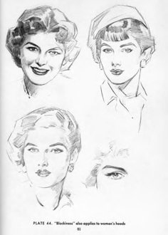 four different types of women's heads are shown in black and white ink on paper