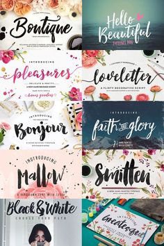 some type of calligraphy that is in different colors and font styles, with flowers on them