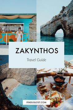 the zakynthos travel guide is shown in three different pictures, including food and drinks