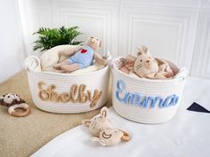 Welcome the little one in style with our meticulously handcrafted Personalized Baby Shower Gift Basket.  Small:8.6"x8.6"x6.3" Large:11"x8.7"x6.3" This basket is more than just a container; it's a thoughtfully designed organizer and treasure trove of baby essentials, thoughtfully curated to bring joy and utility to the nursery. Customization: Each basket is uniquely tailored to the new baby's identity with the option to print the baby's name or initials, making it a personalized keepsake. Durable Rope Basket, Fabric Baskets, Cotton Rope, Toy Storage, Wicker Baskets, Kitsch, Gift Baskets, Storage Baskets, Montessori