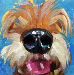 a painting of a dog with sunglasses on it's head and tongue sticking out