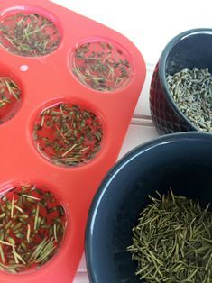 three bowls filled with different types of herbs