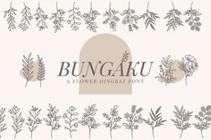 the bungaku flower dingebat font with leaves and flowers in grey on a white background