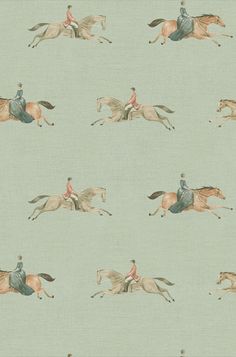 a wallpaper with horses and jockeys on them in pastel blue, green and brown colors