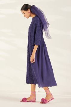 Plum dress with smocked detailing in floral pattern. - Aza Fashions Smock Pattern, Purple Plain, Plum Dress, Pattern Dress Women, Purple Silk, Pattern Dress, Fashion App, Silk Crepe, Dress For Women