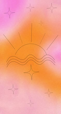 an orange and pink background with stars in the sky above it is a drawing of a sun