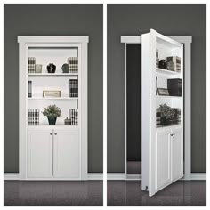 two doors open to reveal a white bookcase with books on top and shelves below