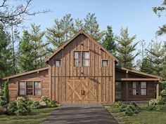 an artist's rendering of a rustic cabin style home with wood siding and windows