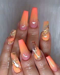 Orange Acrylic Nails, Light Colored Nails, Coffin Nails Long, Unique Acrylic Nails, Popular Nails