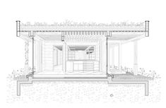 an architectural drawing of a kitchen and living room in a small space with plants growing on the roof