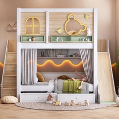 a child's bedroom with bunk beds and toys