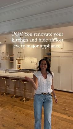 a woman standing in the middle of a kitchen with an advertisement on it that says pov you renoate your kitchen and hide almost every major appliance