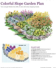 an illustrated garden plan with flowers and plants in it, including the words colorful slope garden plan