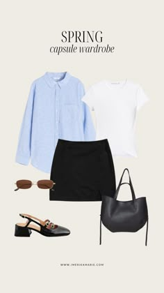 Spring 2024 Capsule Wardrobe + Outfit Ideas | Erika Marie Erika Marie, Capsule Wardrobe Outfit Ideas, White Tee Jeans, Smart Casual Women, Look Office, Capsule Wardrobe Outfits, Spring Capsule, Spring Capsule Wardrobe, Skirts With Boots