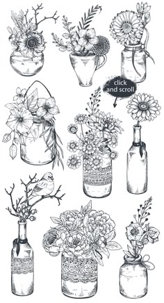 a bunch of vases filled with flowers and plants on top of a white background