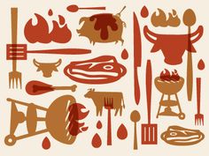 an assortment of utensils and meat on a white background