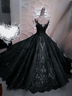 Mystical Black Dresses, Black Ball Gowns Aesthetic, Black Quiencera Dresses, Black Gothic Ball Gown, Black Wedding Dress With White Accents, Fantasy Gowns Black, Gothic Bridal Dress, Gothic Wedding Gown