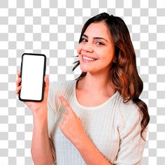 a woman holding up a cell phone with a blank screen on her left hand and pointing at it