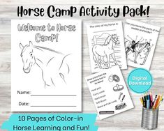 horse camp activity pack with coloring pages and pencils on the table next to it