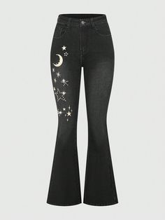 Black  Collar  Woven Fabric Galaxy,Graphic Flare Leg Embellished High Stretch  Women Clothing Grim Reaper Oc, Gothic Oc, Goth Attire, Moon Pattern, Star And Moon, Bottom Jeans, Sirius Black, Bell Bottom, Stars And Moon