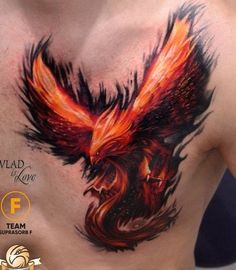 a man with a tattoo on his chest that has a red and black bird on it