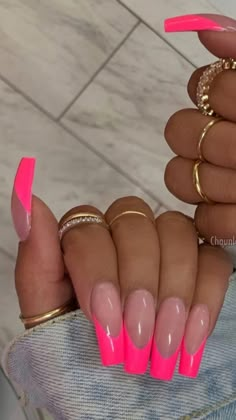 Acrylic Nails For Holiday Summer, Bright Pink French Tip Nails Coffin, Bright Neon Pink Nails, Bright Long Summer Acrylic Nails, Bright Summer Acrylic Nails French Tips, Neon Pink French Tip Nails Square, Bright Pink Summer Acrylic Nails, Holiday Nails Summer Acrylic Long, Pink Nails Acrylic French Tips