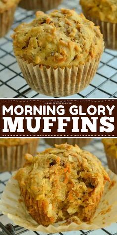 muffins on a cooling rack with the words morning glory muffins above them