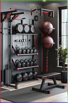 a gym room with exercise equipment in the corner and an overhead rack for dumbbells