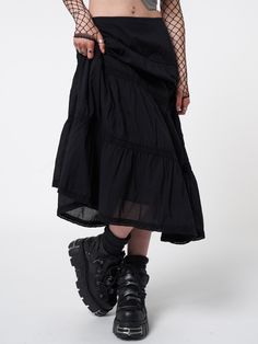 Complete your look with the ruffle maxi skirt in black. Discover more aesthetic fairy grunge pixie vintage-inspired clothing at Minga London. Edgy Tops, Lace Maxi Skirt, Minga London, Ruffle Maxi Skirt, Maxi Lace Skirt, Crochet Lace Trim, Vintage Inspired Outfits, Punk Outfits, Skirt Outfit