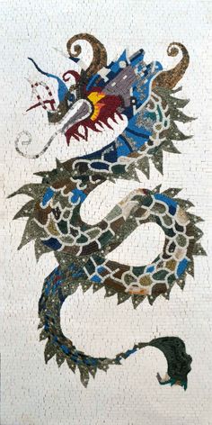 a mosaic tile wall with a dragon on it