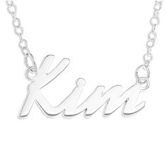 Sterling Silver Personalized Name Necklace on a beautiful Rolo/Trace Chain.  Personalized In Alako Font Style with Name - Kim -. Comes complete with Superior Mirror Polish. Name Necklace Description: Sterling Silver 925 SOLID - not Plated like most others are - Personalized Name Necklace Name: Kim Thickness: 1mm of Solid Sterling Silver Chain Type: Rolo Chain in Solid Sterling Silver Length: 16 Inches BRAND NEW and custom laser cut. A great gift for your wife, girlfriend, loved one or a just a t Popular Script Fonts, Name Plate Necklace, Necklace Pendent, Necklace Name, Plate Necklace, Pendent Necklace, Gifts Sign, Rolo Chain, Font Style