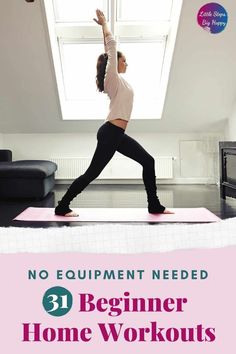 a woman is doing yoga in her living room with the words no equipment needed beginner home workouts