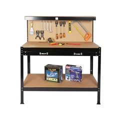 a workbench with various tools on it