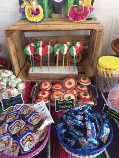 a table topped with lots of desserts and candy