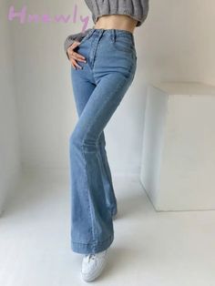 Hnewly Casual Bell Bottom Pants Jeans For Women Blue Elastic Fashion Y2K Trousers Autumn New High Light Blue Stretch Pants, Light Blue Bottoms With Pockets For Fall, Fitted High Waist Denim Blue Pants, Mid-rise Light Blue Bottoms For Fall, Light Blue Mid-rise Bottoms For Fall, Fitted High Waist Light Blue Bottoms, Fitted Full Length Light Blue Pants, High Waist Fitted Denim Blue Pants, Fitted High Waist Denim Blue Bottoms