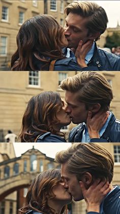 two people are kissing each other in front of a building and one person is holding his head