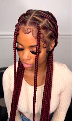 Medium Red Hair, Large Knotless, Red Box Braids, Short Hair Fringe, Colored Box Braids, Medium Hair Braids, Cornrows Braids For Black Women, Medium Box Braids, Big Box Braids Hairstyles