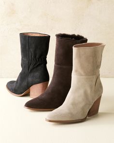 Make any outfit cooler in a cinch with our cinch-back, Western-inspired boots. Masterfully crafted for us by Spanish artisans in rich suede, with a modern height for versatile style and a wedge-like heel for maximum ease.  Inside zip. Almond toe. Elastic above heel. Suede upper. Leather lining. 6" shaft. 3" wedge-like, man-made heel. Man-made sole and heel cap. Due to the inherent qualities of genuine suede, subtle color variations will occur. Spain. Shop Boots, Comfortable Wedges, Garnet Hill, Heel Caps, Moon Jewelry, Fall 2022, Calf Boots, Mid Calf Boots, Casual Boots