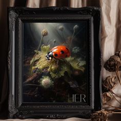 a ladybug sitting on top of flowers in a black frame next to dried plants