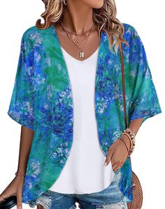 PRICES MAY VARY. 【MATERIAL】:Kimono cover ups for women are made of chiffon,thin and lightweight fabric is a little sheer that makes you sexy, chic, cool and comfortable in summer. 【DESIGN】:Kimono cadigans for ladies are designed with open front, 3/4 sleeve, all-over print, and symmetrical round beveled hem; loose fit, long enough to cover hip, adding fashion elements to your summer outfits. 【COLLOCATION】:Womens casual tops can be worn as swim cover-ups pairing with bikini, maternity clothes, dre Kimono Beach Cover Up, Kimono Beach, Chiffon Cardigan, Fashion Elements, Cardigan Kimono, Floral Print Kimono, Semi Formal Dress, Woven Jacket, Womens Kimono