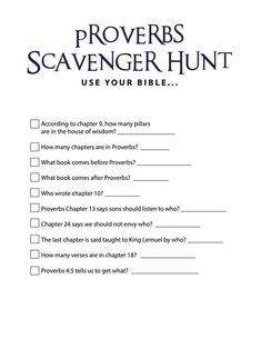 the provers scavenger hunt is shown in this printable book, which includes answers