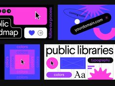 four different types of library labels on black and pink background, with text below them that reads public library