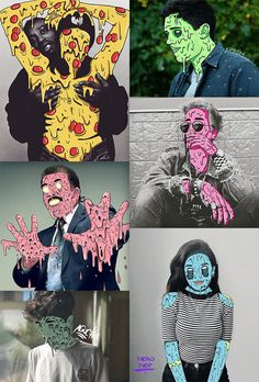 four different images of people with painted faces and body parts