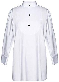 a women's white dress with buttons on the collar and sleeves, front view