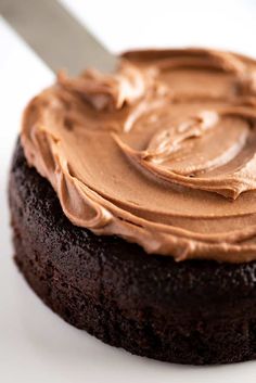 a close up of a chocolate cake with frosting